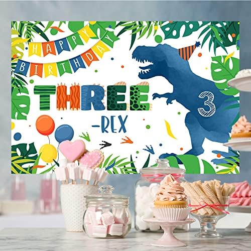 5x3ft Mavi Dinozor Üçüncü Doğum Günü Zemin Üç rex Karikatür Yeşil Palma Yaprakları Fotoğraf Arka Plan Çocuklar için