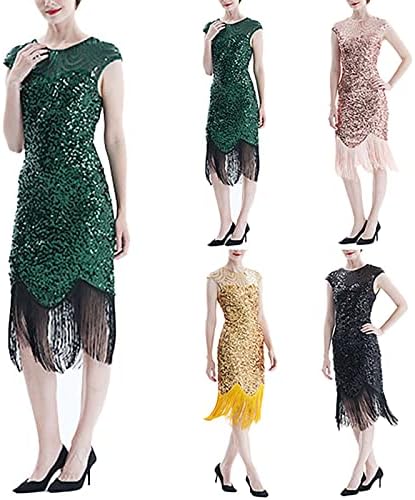 Zhensanguo Bahar Elbiseler Kadınlar için 2023 Pullu Elbise Kadınlar için Düz Renk Pullu Saçak Elbise