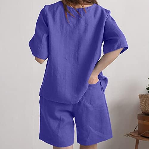 Kadın Rahat Pamuk Keten Kıyafetler Crewneck Temel Keten Üstleri Sıkı Kemer Şort İki Parçalı Salon Pijama Takım Elbise