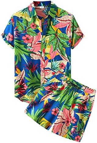 Erkek Yaz 2 Parça Eşofman Erkek Yaz Hawaii Baskı Takım Elbise İki Parçalı Kısa Kollu Turn Down Yaka Gömlek 46r