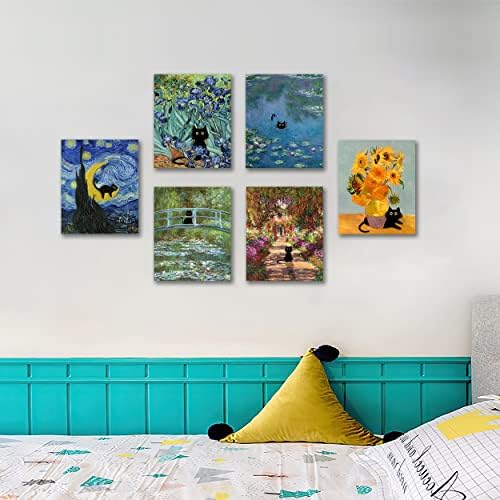 Lwwartxm Komik Sevimli Siyah Kedi Van Gogh Monet Duvar Sanat Baskılar 6 Adet Poster 8x 10 x 6 Çerçevesiz