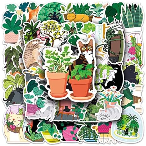 Kediler ve Bitkiler Çıkartmalar 50 Yaprak Karikatür Yeşil Bonsai Bitkiler Yapraklar Çıkartmaları Çocuklar Genç Yetişkin