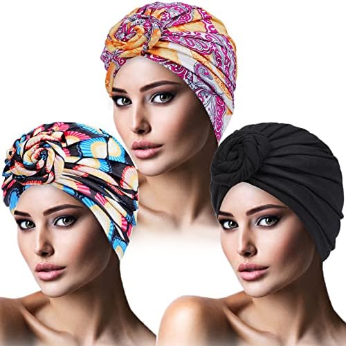 Kadınlar için 3 ADET Afrika Türban, Çiçek Düğüm Headwraps, Önceden Bağlı Kaput Bere Kap, Elastik Kafa Sarar Şapka,